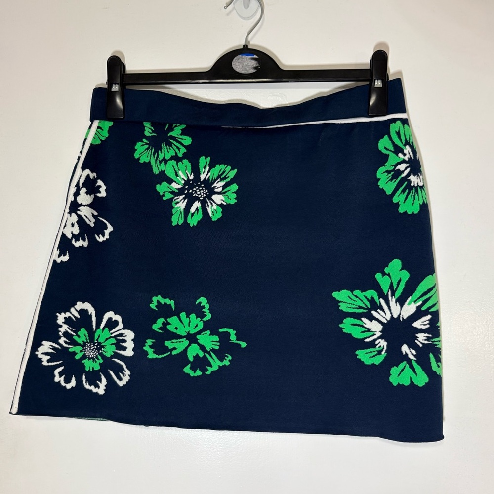 Tanya Taylor Women's Navy-Green-White Floral Knit Straight Mini Skirt Sz L - Picture 2 of 11